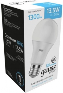 1023224 Лампа Gauss Basic A60 13,5W 1300lm 4100K Е27 LED 1023224