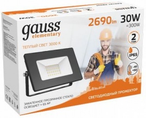 613527130 Прожектор Gauss Elementary 30W 2690lm 3000К 200-240V IP65 черный LED 613527130